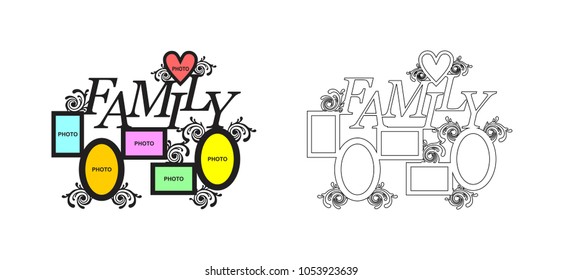 Frame for family photos for laser cutting. Collage of photo frames vector illustration