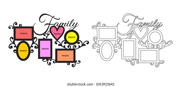 Frame for family photos for laser cutting. Collage of photo frames vector illustration