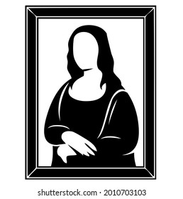 Frame of famous Leonardo da Vinci masterpiece painting and portrait of Mona Lisa, held in french Louvre museum in Paris, France, Europe, vector, illustration, in black and white color, isolated