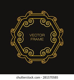 Frame in the fashionable outline style on a black background. Mono line pattern with swirls. Empty space for text in the center for design. Vector illustration.