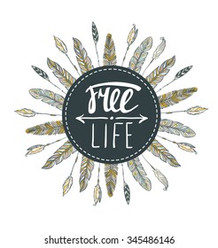 Frame with feathers. Beautiful hand-drawn background for invitations,posters and any design. Vector tribal illustration