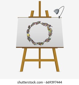 Frame of feathers on easel. Hand drawn vector stock illustration