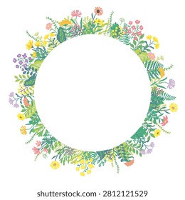 A frame featuring circular cutouts of flowers and plants, designed with warm colors evocative of spring.