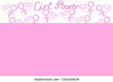 Frame from female fists and a feminist sign. Design for hand-drawn clothes, cards, business cards, paper, textile. White-pink background. Hand-drawn ... Vector illustration.