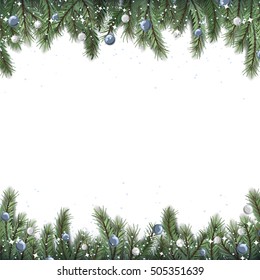 The frame from festive Christmas tree and toys. vector borders for winter holidays.
