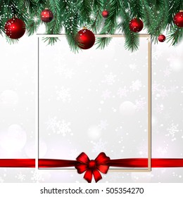 The frame from festive Christmas tree and toys. vector. The holiday red bow adds cheerful mood for composition.
