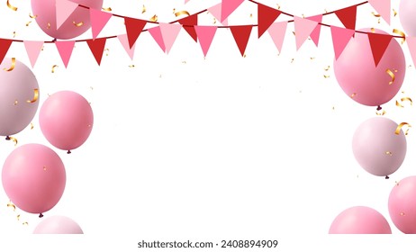 Frame with festive realistic pink balloons and flag hanging string for party celebration holiday, congratulation, anniversary