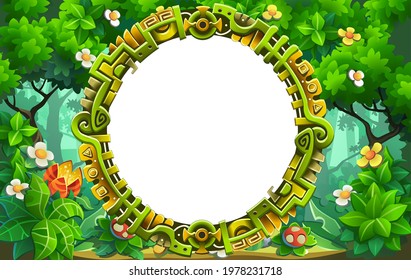 Frame and field for text on a forest background with trees, bushes and flowers. Graphic field for decoration and design. 