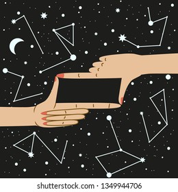 Frame of fingers in the starry sky.  Vector illustration.