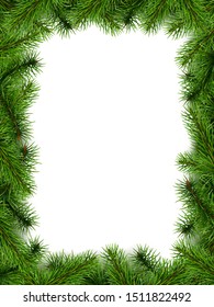 Frame from fir tree branches with white background. Border for Christmas and New Year greeting card.