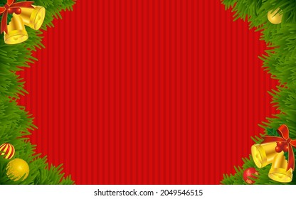 Frame of fir tree leaves with Christmas bells (red background)