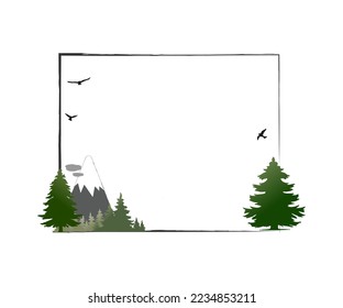 Frame with fir trees and a mountain for text.