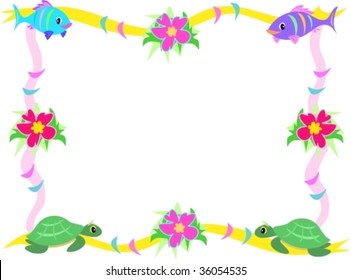 Frame of Fish, Hibiscus, and Sea Turtles Vector