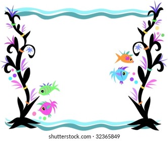 Frame of Fish, Seaweed, and Waves Vector
