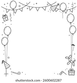 Frame with Flags and balloons. Decorations for Birthday and party. Outline frame for invitation card, celebration and holidays.	