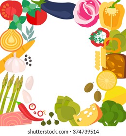 Frame of flat designed organic food. Healthy eating concept. Vector illustration.