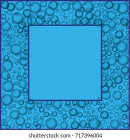 Frame with floating soap or soda bubbles pattern on blue background. Water fizzing bubbles texture. Abstract vector banner, poster, illustration, template, border with flying spheres print. 