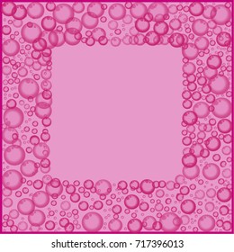 Frame with floating soap or soda bubbles pattern on pink background. Water fizzing bubbles texture. Abstract banner, poster, illustration, template, border with flying spheres print. 