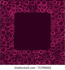 Frame with floating soap or soda bubbles on burgundy background. Water fizzing bubbles texture. Vector banner, poster, illustration, template, border with flying spheres print. 