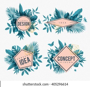 Frame in floral design drawing with blue leafs on watercolor paper background
