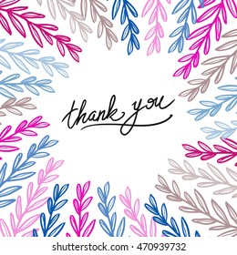 Frame of floral elements: thank you lettering and tree twig. Sketch for floral rustic eco decoration autumn celebration, greeting card or banner. Hand drawn symbols on white backdrop.