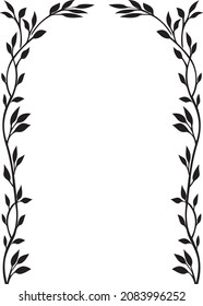 Frame from floral elements. Vector black and white round frame, border, divider, circle shape, branches and leaves. Drawn line art elements, naturalness and minimalism. Trending style for wedding