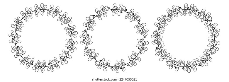 Frame from floral elements. Vector black and white round frame, border, divider, circle shape, branches and leaves. Drawn line art elements, naturalness and minimalism. Trending style for wedding