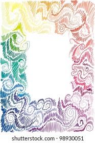 frame with floral motif, scrolls, wave, hand-drawn