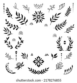 Frame of floral mystical and mysterious illustrations in hand drawn style. Floral elements. Perfect for textile, cards, mystery,  logo emblems and product packaging.
