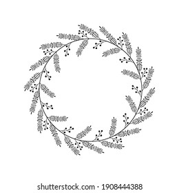 Frame with floral ornament. Circle, border with thorny branches, berries, leaves. Festive wreath, design template for invitation, greeting card, decoration, scrapbooking. Vector illustration, doodle