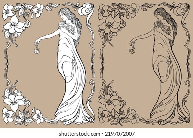 Ornamento floral de marco con un vector de chica, dibujo lineal, negro y blanco. Para colorear libros. Para sus ilustraciones. 