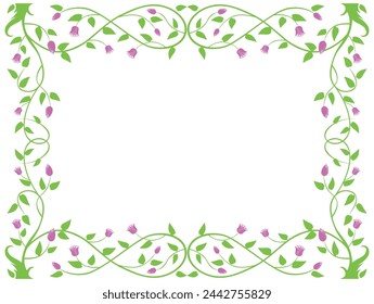 Frame floral, tree branches, spring, blooming,green leaves, pink flowers, flexible, vector decorative border,greeting card,invitation
