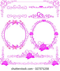 frame floral vector, pink frame for wedding, flowers frame oval line art
