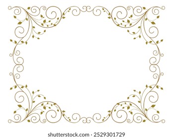 Frame floral vintage, greeting card, decorative golden border with twigs and leaves, vector illustration isolated on white