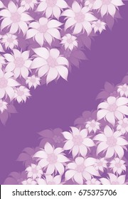 Frame flower. Background of flowers for a poster, invitation, greeting card, photo frame, packing paper. On a violet background, white flowers of edelweiss, water lily, lotus.