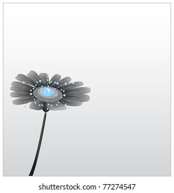 Frame with a flower in black and white version in the center of which a drop of water falls