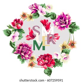 Frame with flower bouquet, summer flowers, peony, tulips in circle.summer