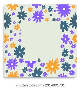 Frame with flower design. Suitable for print, paper, post card. Light blue background. Vector flowers. Purple, yellow and blue flowers