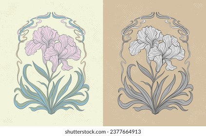 Frame with a flower iris in the style of Art Nouveau. Beautiful  iris vintage floral composition 1920-1930 years.Vector design.