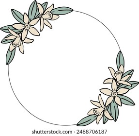 Frame with neroli flower. Round decorative floral frame. Ideal for invitations, greeting cards, and wedding design. Hand Drawn Citrus Flowers. 