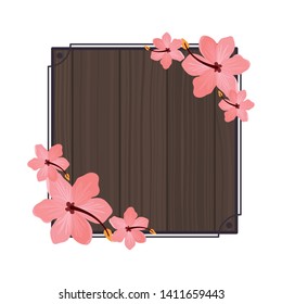 frame with flower of summer on wooden background