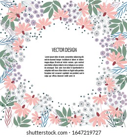 Frame of flowers, abstract floral pattern. Flowers and leaves, pink and green on  white background. Greeting card, cover, banner. Vector illustration