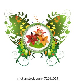 Frame with flowers arrangement and decorative butterfly isolated on white