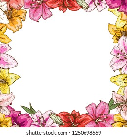 Frame of flowers. Beautiful frame of colorful lilies. Ready template for your design, vector illustration