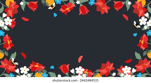 Marco de flores con abejas en vector, estilo plano. Marco de flores florecientes.