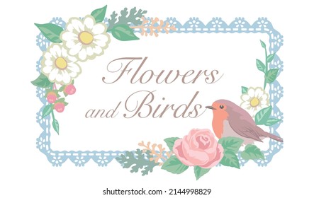 Frame with flowers and bird. Vector illustration.
