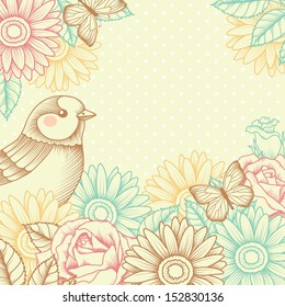 Frame with flowers, birds and butterflies