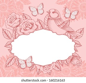 Frame with flowers, birds and butterflies