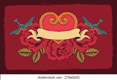 Frame with flowers, birds and heart