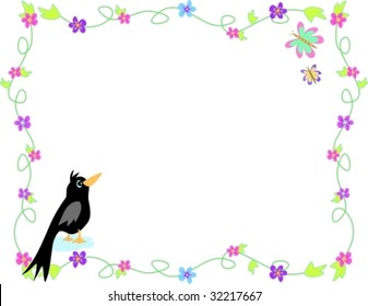 Frame of Flowers, Black Bird and Butterflies Vector